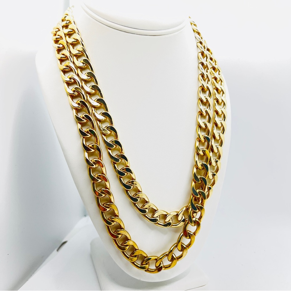 Double Layer Chain Necklace Goldtone Cuban Curb Chain Unisex Heavy 80s 90s Vibe